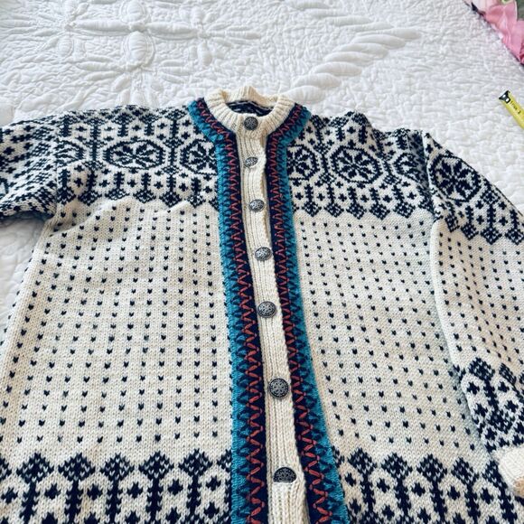 1940-50 Norwegian Wool Cardigan Sm Black White Med  Turquoises Braid Trim - Picture 3 of 8
